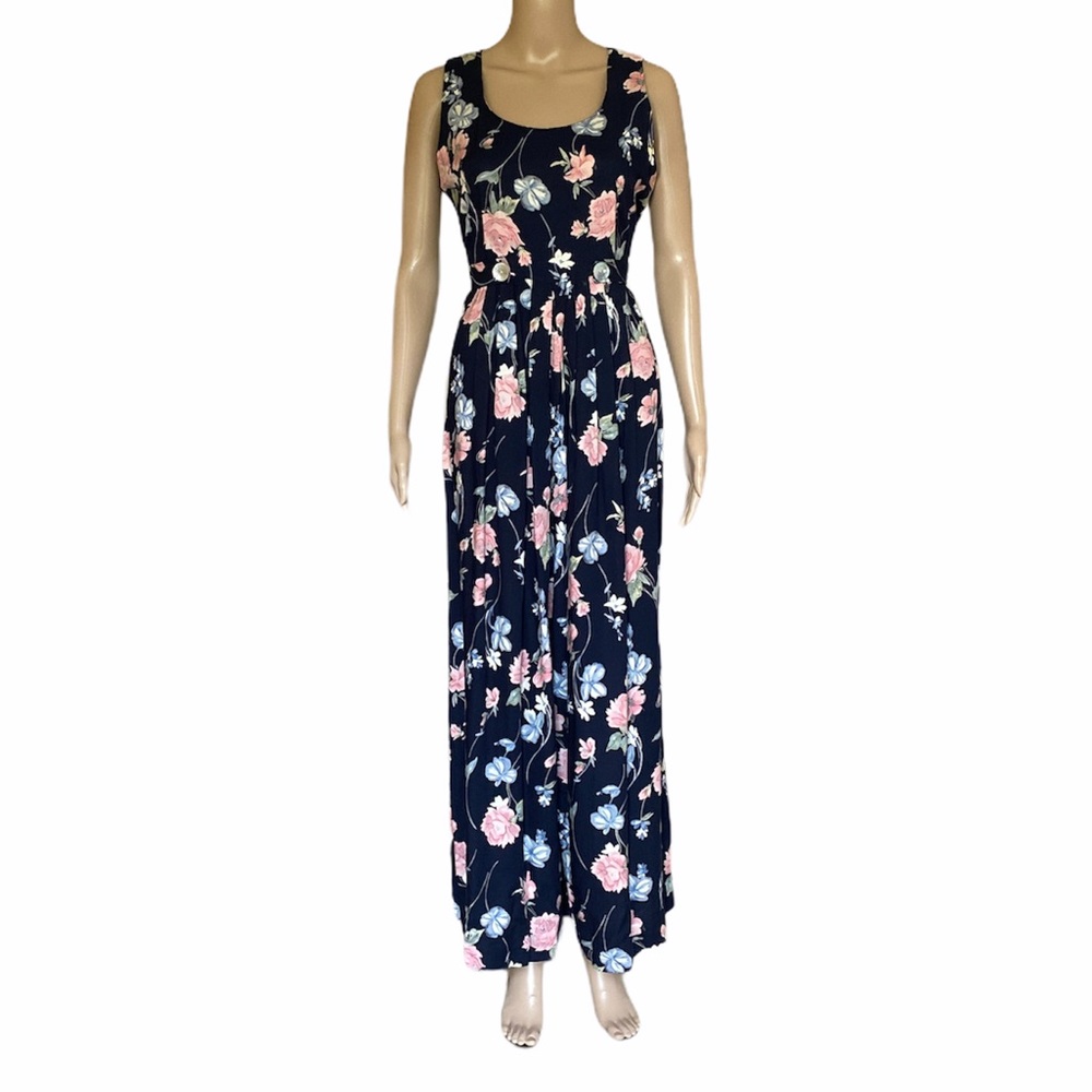 Vintage Jeffrey & Dara Wide Leg navy blue floral jumpsuit size 10 - Picture 5 of 16